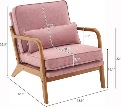 Bonnlo Linen Pink Mid Century Modern Accent Chair, Soild Wood Padding Lounge Armchairs Side Sitting Chairs for Living Room, Bedroom, Guest Room
