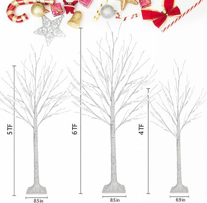 Set of 3 Lighted Birch Tree 4FT 5FT and 6FT, Higher Size, Timer Function Birch Christmas Tree with 144 LED Warm White Lights for Indoor Christmas Decorations Outdoor Yard Garden Home Bedroom Party