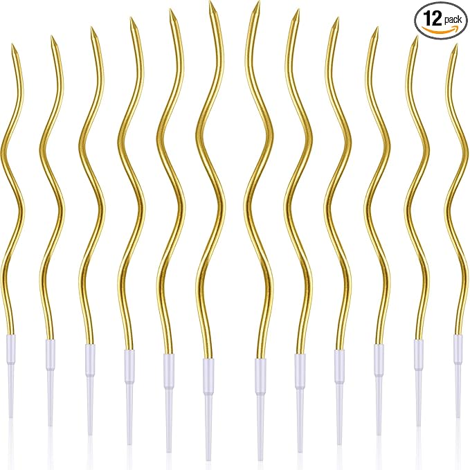 BBTO 12 Pcs Twisted Birthday Candles Spiral Metallic Cupcake Thin Long Cake Candles with Holders for Birthday Wedding Party(Gold)