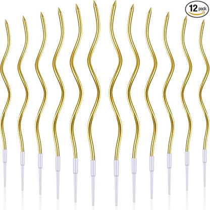 BBTO 12 Pcs Twisted Birthday Candles Spiral Metallic Cupcake Thin Long Cake Candles with Holders for Birthday Wedding Party(Gold)