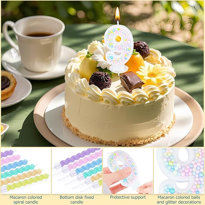 Number Birthday Candle with 12PCS Spiral Candles and A Birthday Card - Perfect for Celebrating Birthdays (Macaron Glitter, Number 9)