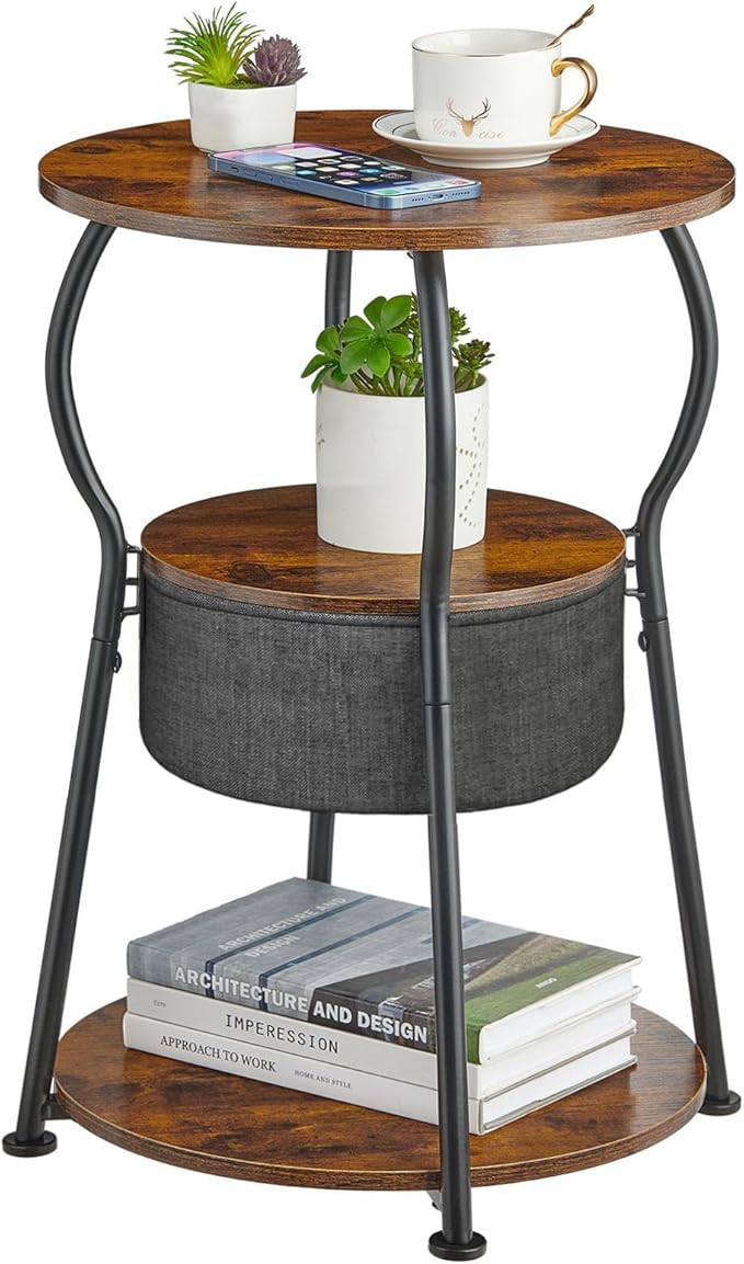 Small Round Side Table with Storage Bag, 3-Tier Accent Round End Table with Storage Shelves for Living Room, 21.6" H Vintage Small Corner Table for Smalls Spaces (D - 15.8 in Rustic Brown)