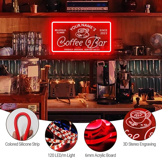 Custom Coffee Bar Neon Sign, Personalized LED Neon Lights for Wall Decor, Handmade 3D Art Coffee Bar Light up Signs Night Lamp for Coffee Bars/Station/Shops Kitchen Cafe Decoration