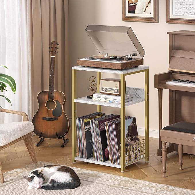 LELELINKY Large White Marble Record Player Stand with Golden Metal Frame, 3 Tier 18" Wide Big End Table with Vinyl Storage Up to 130 Albums, Industrial Turntable Printer Tables for Living Room, Office