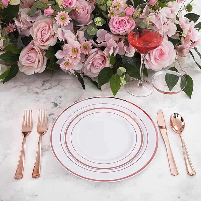 WELLIFE 350Pcs Rose Gold Plastic Plates for 50 Guests - Plastic Dinnerware Set,Party Supplies Includes 100 Rose Gold plates,150 Silverware,50 Napkins,50 Cups for Party and Christmas