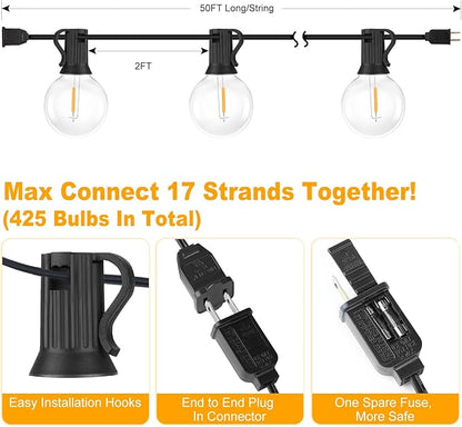 Bosceos 50FT Outdoor G40 LED Globe String Lights Dimmable Waterproof Shatterproof Light Strings with 25 Bulbs Connectable Commercial Hanging Lights for Christmas Patio House Backyard Balcony Party