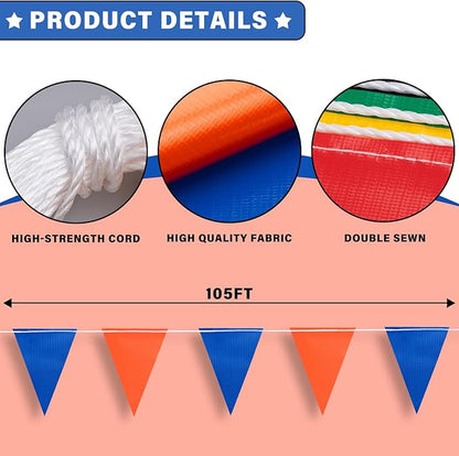 105ft Pennant Banner Flag, 7"x10" Fluorescent Orange and Blue Safety Flagging Banner Warning Flag for Construction Site/Traffic Control/Boundary Barrier Signs, Perimeter Marking Flags on String, 45 Flags