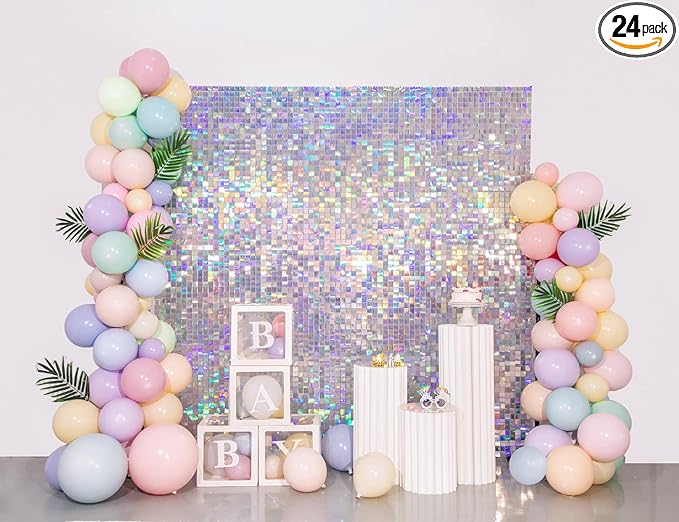 Shimmer Wall Backdrop Silver Iridescent 6FTx4FT Square Sequin Wall Panel Backdrop Decor for Wedding Anniversary Birthday Party, 24 Panels