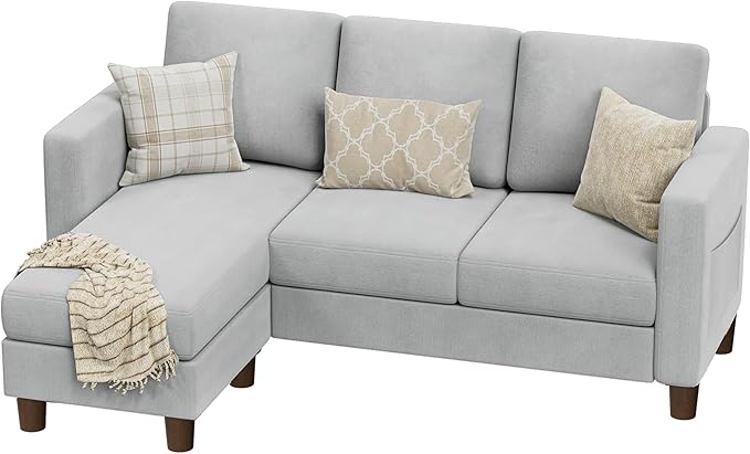 VICTONE Convertible Sectional Sofa Couch, 3 Seat L-Shaped Sofa with Linen Fabric Ottoman Small Couch for Small Apartments, Living Room and Office (Linen Fabric, Light Gray)