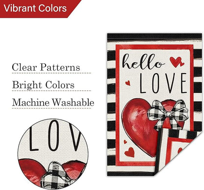 Louise Maelys Valentine's Day Garden Flag Hello Love Heart 12x18 Inch Double Sided Flower Welcome Small Burlap Spring Holiday Yard Outdoor Outside Home House Decoration