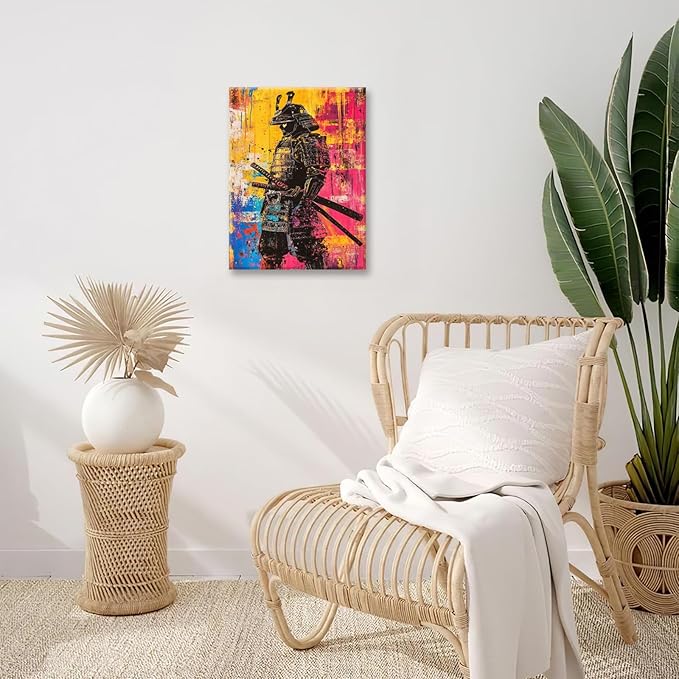 Japanese Wall Art, Graffiti Samurai Pictures Wall Decor, Banksy Samurai Canvas Prints, Japan Painting, Framed Artwork for Bathroom Living Room Bedroom Office Dining Room 24"X16"