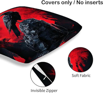 Raven Throw Pillow Covers Set of 2 | 18x18 Inches Cushion Cases for Couch, Sofa, Bedroom and Living Room | Gothic Pillowcases for Home Decoration
