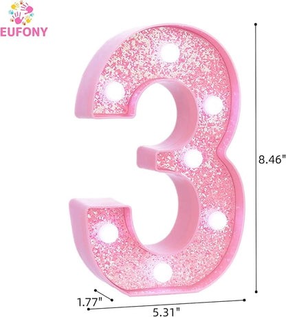 Pink LED Light Up Marquee Numbers, Glitter Lighted Numbers Signs Battery Operated for Girls 3rd 13th 23th Birthday Party Decorations, Room Table Top Decor, Pink Number 3 with Cool White Lights