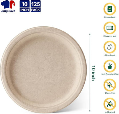 JOLLY CHEF Compostable Heavy Duty Plates 𝟭𝟬 𝗜𝗻𝗰𝗵 [𝟭𝟮𝟱 𝗣𝗮𝗰𝗸] Eco-Friendly Disposable Paper Plates Made of Bagasse Biodegradable Bulk for Party Dinner Sugarcane Lunch Christmas (Natural)