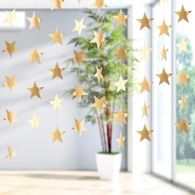 Patelai Glitter Star Garland Banner Christmas Decor 130 Feet Star Hanging Bunting Banner Twinkle Backdrop for Homecoming Classroom Wedding Birthday Halloween Party Supplies(Champagne Gold)