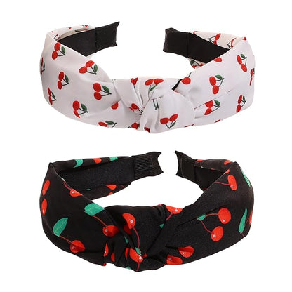 Cherry Print Knotted Headband 2PCS, Black and White Knotted Headbands for Women Non Slip Top Knot Hair Band Cross Knot Headband