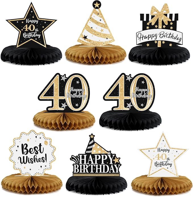 Happy 40th Birthday Decorations,40th Bday Gold Glitter Shiny Stand Honeycomb Table Centerpieces - Cheers to Forty Years Old Birthday Party Photoprop Gift Sign.
