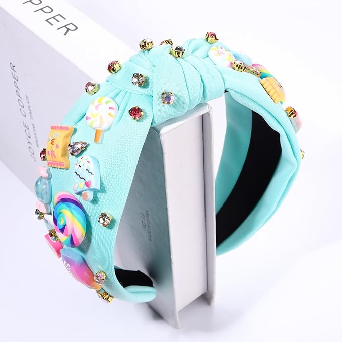 Knotted Headband for Women Lollipop Candy Charms Crystal Jeweled Embellished Top Knot Hairband Statement Wide Turban Hair Hoop Funny Gifts for Girls Sister Birthday Xmas Holiday Party