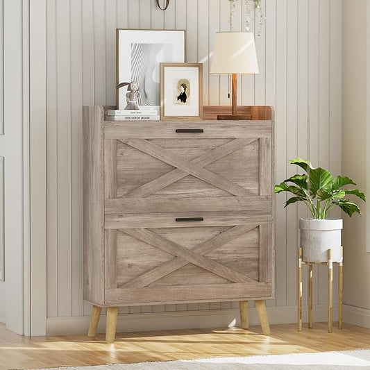 32" W Farmhouse Shoe Storage Cabinet with 2 Flip Drawers and Barn Door Design, Adjustable Shelves, Modern Hidden Slim Narrow Shoe Rack Cabinet for Entryway, Foyer, Hallway, Living Room, Greige