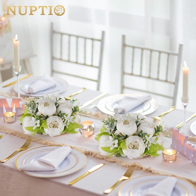 NUPTIO White Peony Flowers for Centerpieces: 2 Pcs 9.4 Inch Diam Artificial Flower Balls - Fake Flower Ball Arrangement Bouquet for Wedding Tables Decorations