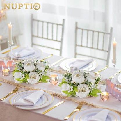 NUPTIO White Peony Flowers for Centerpieces: 2 Pcs 9.4 Inch Diam Artificial Flower Balls - Fake Flower Ball Arrangement Bouquet for Wedding Tables Decorations