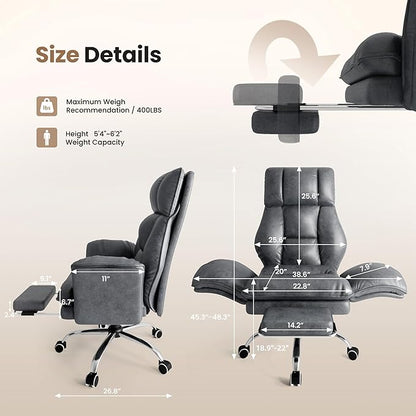 Big and Tall Office Chair, Flip Armrests for Pets & Cross Legged Sitting, Executive Ergonomic Computer Gaming Chair with Foot Rest, Gliter Fabric Wide Seat Reclining Desk Chair