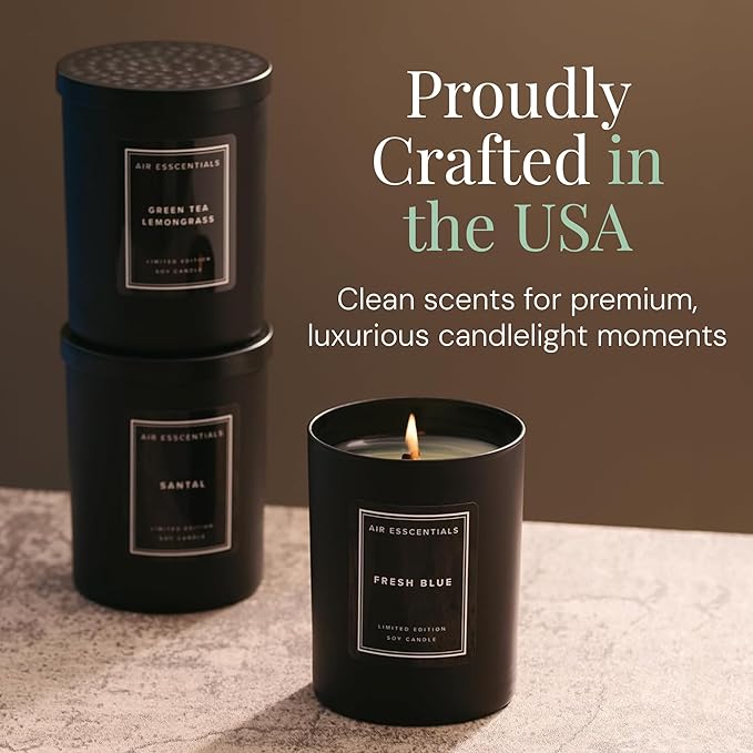 Air Esscentials Clean Scented Soy Candles, Soy Wax Blend with Luxury Fragrance, Aromatherapy Candle for Home & Office, 70 Hour Burn Time, Fresh Blue, 11 oz.
