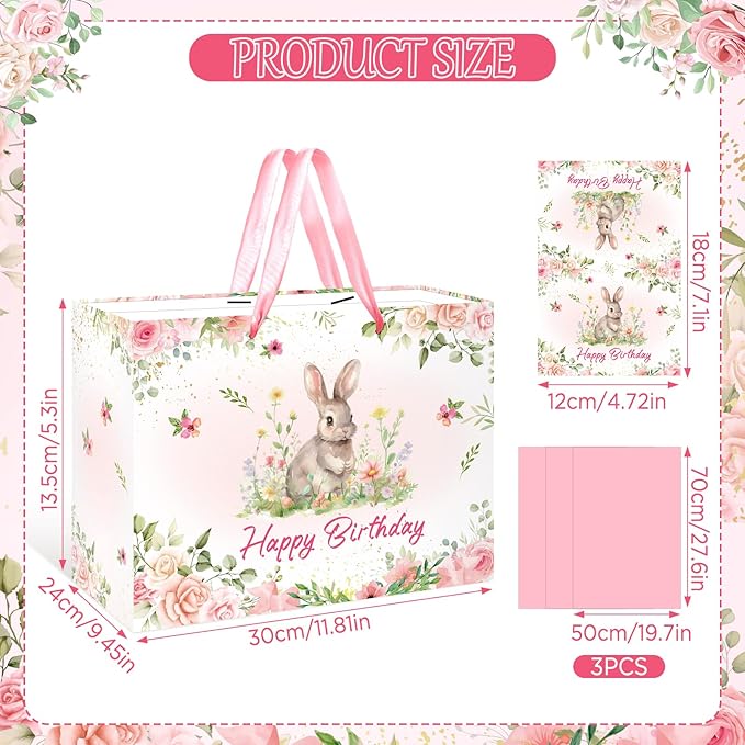 Rabbit Bunny Birthday Party Decorations Bunny Birthday Gift Bag Large Pink Floral Rabbit Gift Bag with Handle Tissue Paper Greeting Card for Girls Women Kids Christmas Baby Shower Party Supplies