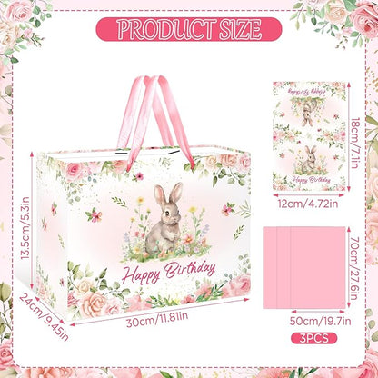 Rabbit Bunny Birthday Party Decorations Bunny Birthday Gift Bag Large Pink Floral Rabbit Gift Bag with Handle Tissue Paper Greeting Card for Girls Women Kids Christmas Baby Shower Party Supplies
