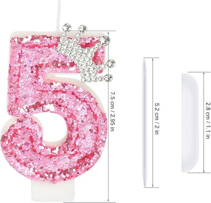 Birthday Number Candles,Pink Crown Birthday Candles for Cake,Glitter Number 5 Candle Cake Topper with Sequins for Girls,Women, Anniversary Celebrations Supplies (Pink 5)