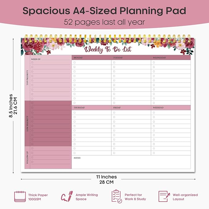 Taja Weekly To Do List Notepad with 52 Undated Sheets（8.5"×11"）- Weekly Desk Planner for Women & Man, Work and Home - 1 Pack Crimson Garden