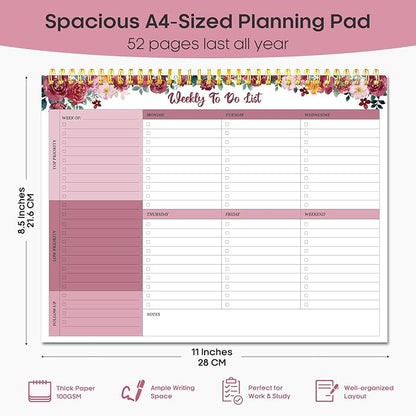 Taja Weekly To Do List Notepad with 52 Undated Sheets（8.5"×11"）- Weekly Desk Planner for Women & Man, Work and Home - 1 Pack Crimson Garden