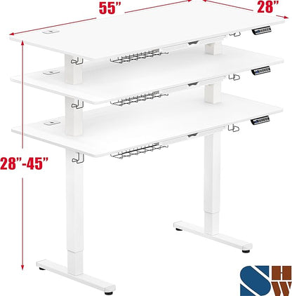 SHW 55 x 28 Inches Electric Height Adjustable Standing Desk with Drawer and Memory Preset, White