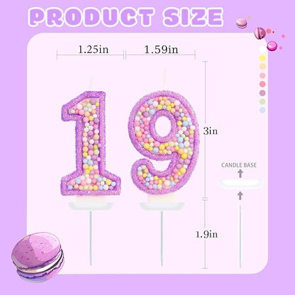 Purple Birthday Candles - Number 19 Candle, Colorful Macaron Candles, 19 Birthday Decorations for Girls, Purple Cake Decorations, Theme Party Supplies