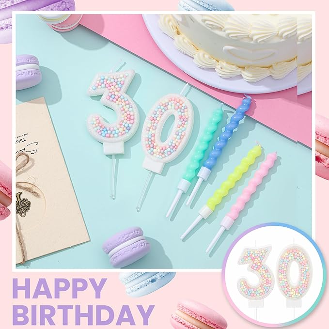 MTLEE Number 30 Birthday Candle with 12 Pcs Spiral Candles for Girls Macaron Pastel Rainbow Unicorn Pink Cake Topper for Sweet Theme Party Decoration