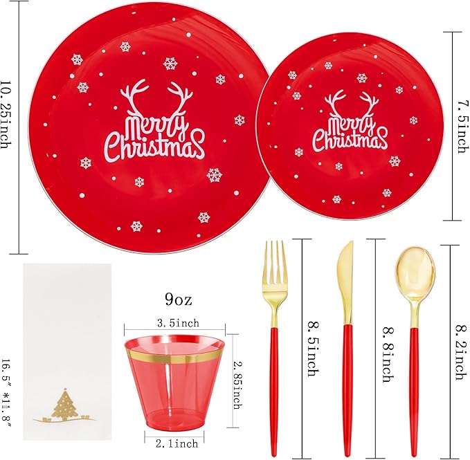 Nervure 175PCS Christmas Plastic Plates - Red and White Disposable Plates & Gold Plastic Silverware with Red Handle include 50 Plates 25Knives 25Forks 25Spoons 25Napkins for Christmas Party