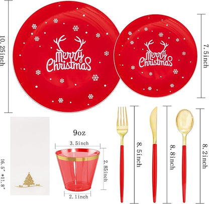 Nervure 175PCS Christmas Plastic Plates - Red and White Disposable Plates & Gold Plastic Silverware with Red Handle include 50 Plates 25Knives 25Forks 25Spoons 25Napkins for Christmas Party