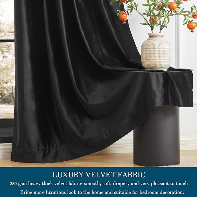 PRIMROSE Black Curtains 84 inch for Living Room Velvet Drapes Blackout Rod Pocket Back Tab Window Treatment Semi Room Darkening Decor Curtains for Bedroom Set of 2 Panels