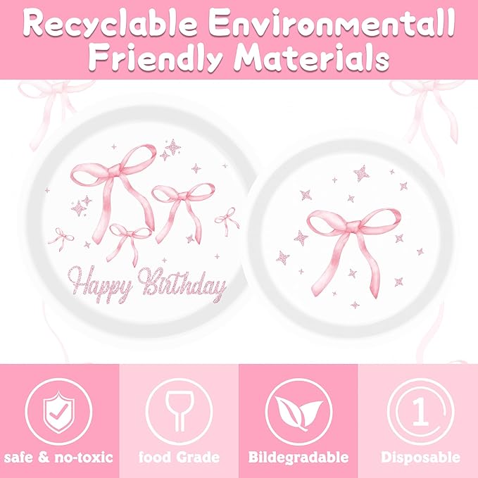 160pcs Pink Bow Birthday Decorations,Conquette Decorations Includes Napinks Plates Forks Pink Bow Theme Tableware Party Supplies Bow Girls Birthday Party Decor
