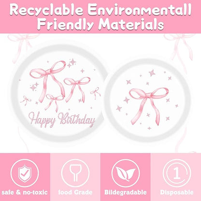 160pcs Pink Bow Birthday Decorations,Conquette Decorations Includes Napinks Plates Forks Pink Bow Theme Tableware Party Supplies Bow Girls Birthday Party Decor