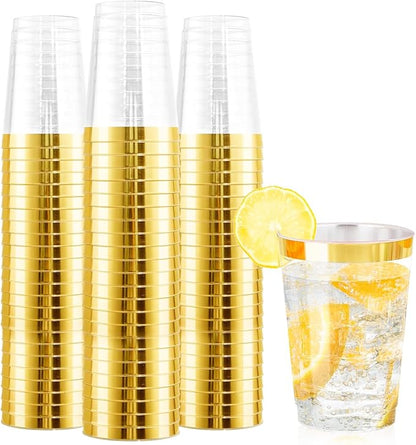 Ciaell 120PCS Gold Plastic Cups - 12Oz Heavy Duty Plastic Cup - Disposable Gold Rimmed Cups - Premium Gold Rim Cup Perfect for Wedding & Party & Thanksgiving