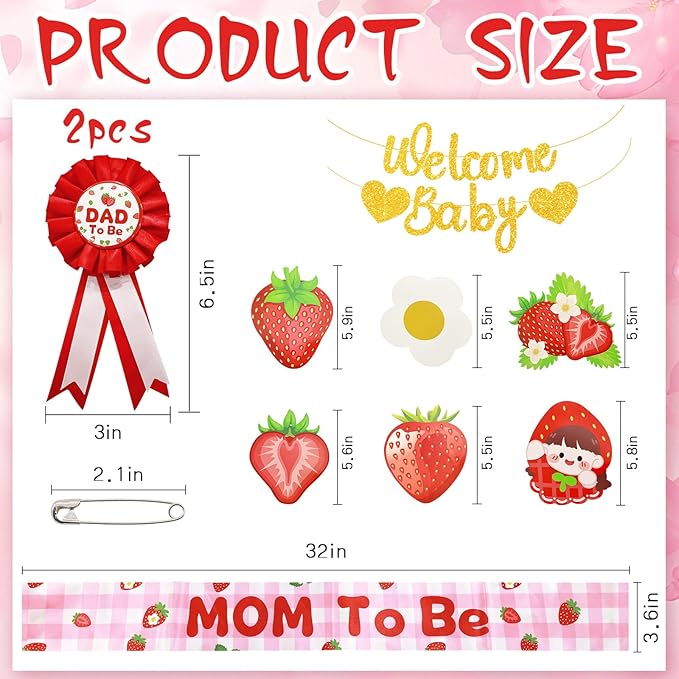 5 Pcs Strawberry Baby Shower Set Sash, Badges, Banner for Gender Reveal, Maternity Party & Pregnancy Celebration