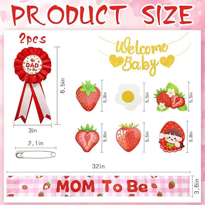 5 Pcs Strawberry Baby Shower Set Sash, Badges, Banner for Gender Reveal, Maternity Party & Pregnancy Celebration