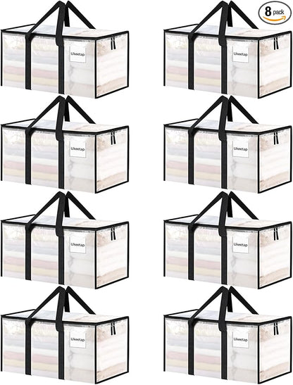 8 Pack Extra Large Heavy Duty Moving Bags, Clear Storage Bins with Lids, Reinforced Handles & Heavy-Duty Zippers Moving Boxes Storage Bags Totes for Clothes Packing, Dorms, College Supplies, Clear