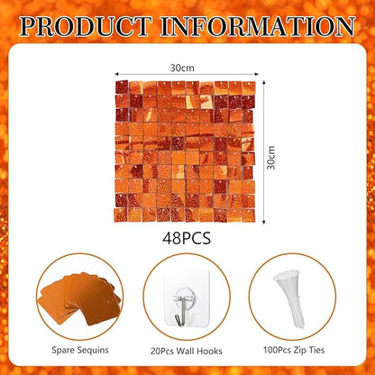 48 PCS Orange Shimmer Wall Backdrop, Laser Square Sequin Photo Backdrops Panel, Glitter Wall Background for Birthdays, Weddings, Halloween, Engagements, Disco Bachelorette Party Decoration (6FTx8FT)