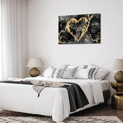 HOMEOART Black and Gold Wall Decor Love Wall Art Gold Heart Picture Marble Print, Living Room Bedroom Love Sign Gothic Decoration, Framed Ready to Hang 24x48inch