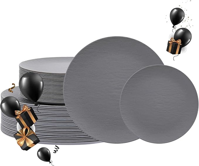 WONDERFUL 32pcs Dark Grey Plastic Plates Reusable Plates Unbreakable and Dishwasher safe Dishes Set Outdoor Plate Includes:16 Dinner 10" & 16 Dessert Plate 7.3" Suitable for Christmas New Year