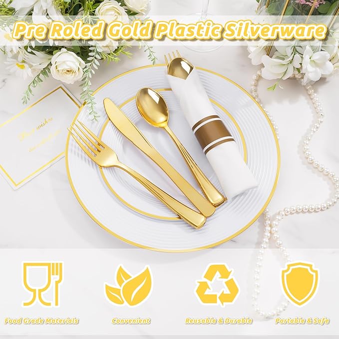 Liacere 100Pack Pre Rolled Gold Silverware and Napkin-Disposable Gold Plastic Utensils-Wrapped Plastic Cutlery Set with Napkin:100 Forks,100 Knives,100 Spoons,100 Napkins for Christmas＆New Year