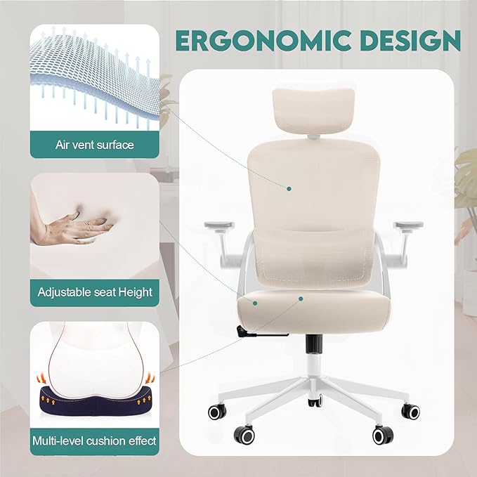 Monhey Ergonomic Office Chair, 90°-125° Tilt Back Home Desk Chair with 360° Swivel & Mute Wheels, High Back Mesh Computer Chair for Adults with Lumbar Support, 330 LBS Capacity (05Khaki)