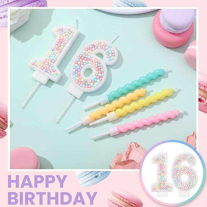MTLEE Number 16 Birthday Candle with 12 Pcs Spiral Candles for Girls Macaron Pastel Rainbow Unicorn Pink Cake Topper for Sweet Theme Party Decoration